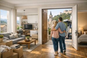 Coppia osserva il paese dalla nuova casa